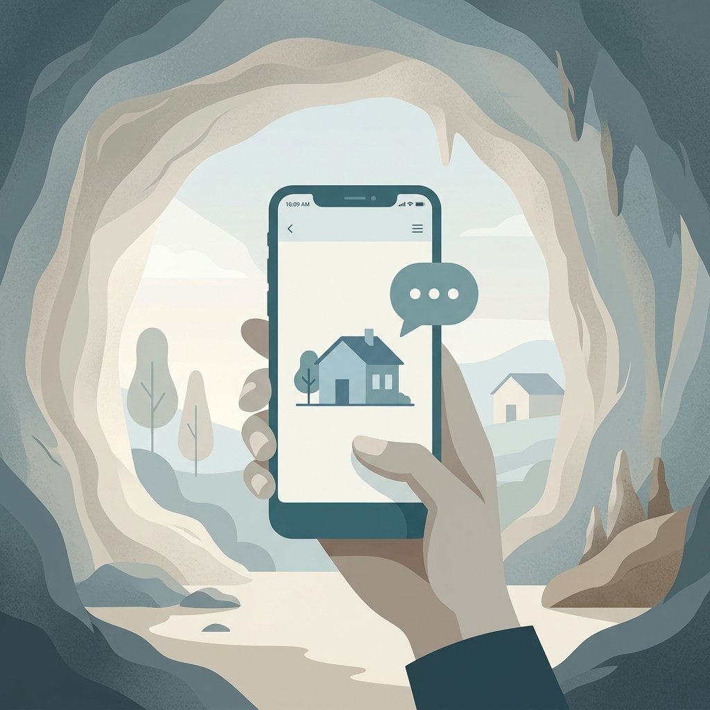 Ilustração minimalista de um smartphone com uma casa e um balão de chat