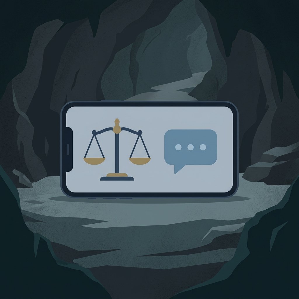 Ilustração minimalista de um smartphone com a balança da justiça e um balão de chat