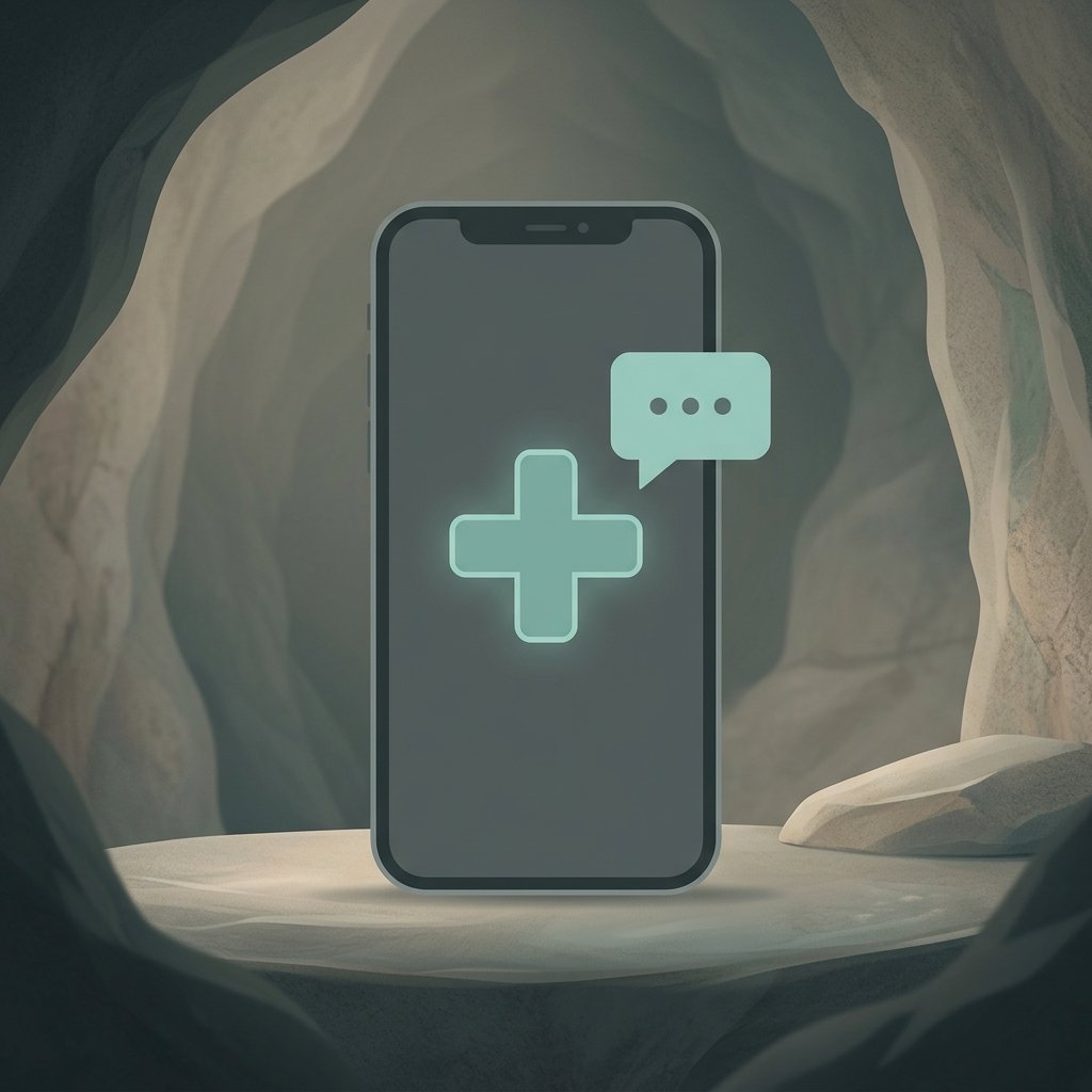 Ilustração minimalista de um smartphone com o símbolo da medicina (cruz médica) e um balão de chat