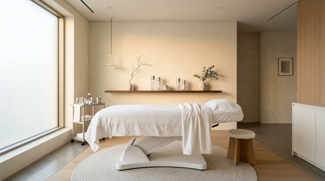 Interior claro de clínica de estética, com balcão de atendimento e luz natural