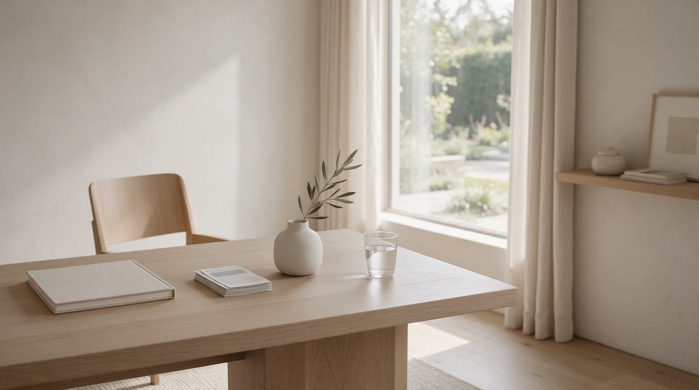 Mesa de consultório em madeira clara com caderno, folhetos impressos e um vaso com ramo de oliveira, banhada por luz natural
