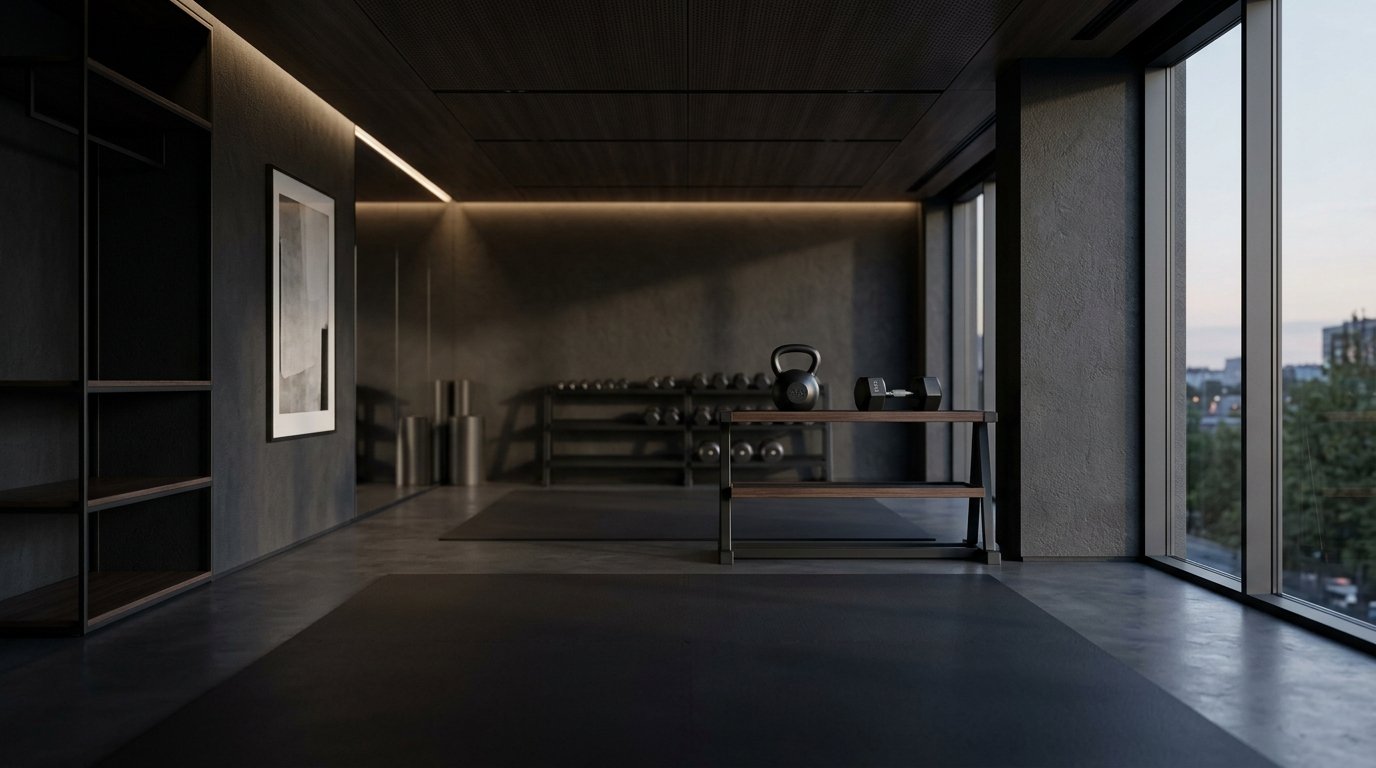 Ambiente claro e minimalista de estúdio de treino, com luz natural