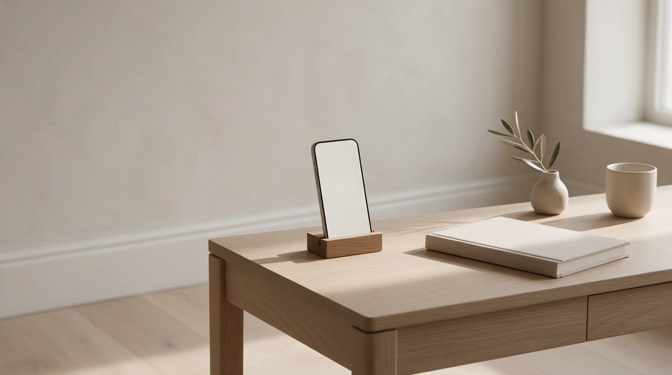 Celular com a tela apagada num suporte de madeira sobre mesa clara de consultório, ao lado de um caderno de linho