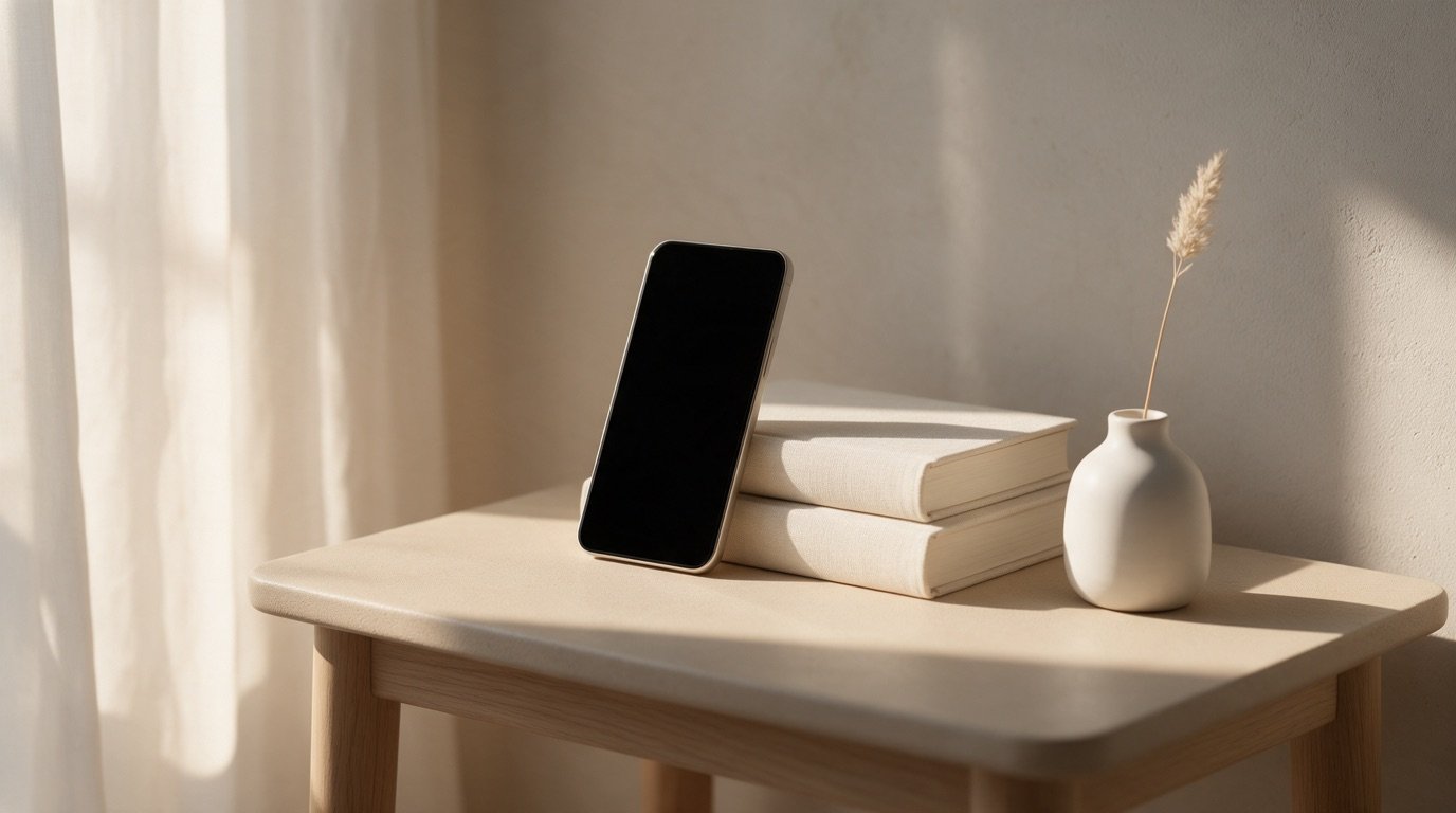 Celular com a tela apagada encostado numa pilha baixa de livros de capa clara sobre mesa lateral de madeira, com luz da manhã