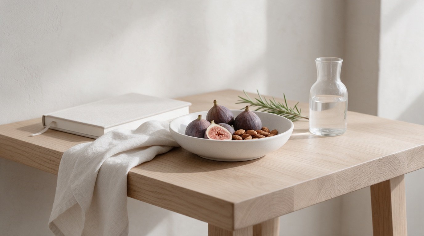 Mesa de atendimento nutricional com tigela de figos e amêndoas, guardanapo de linho, caderno fechado e jarra de água