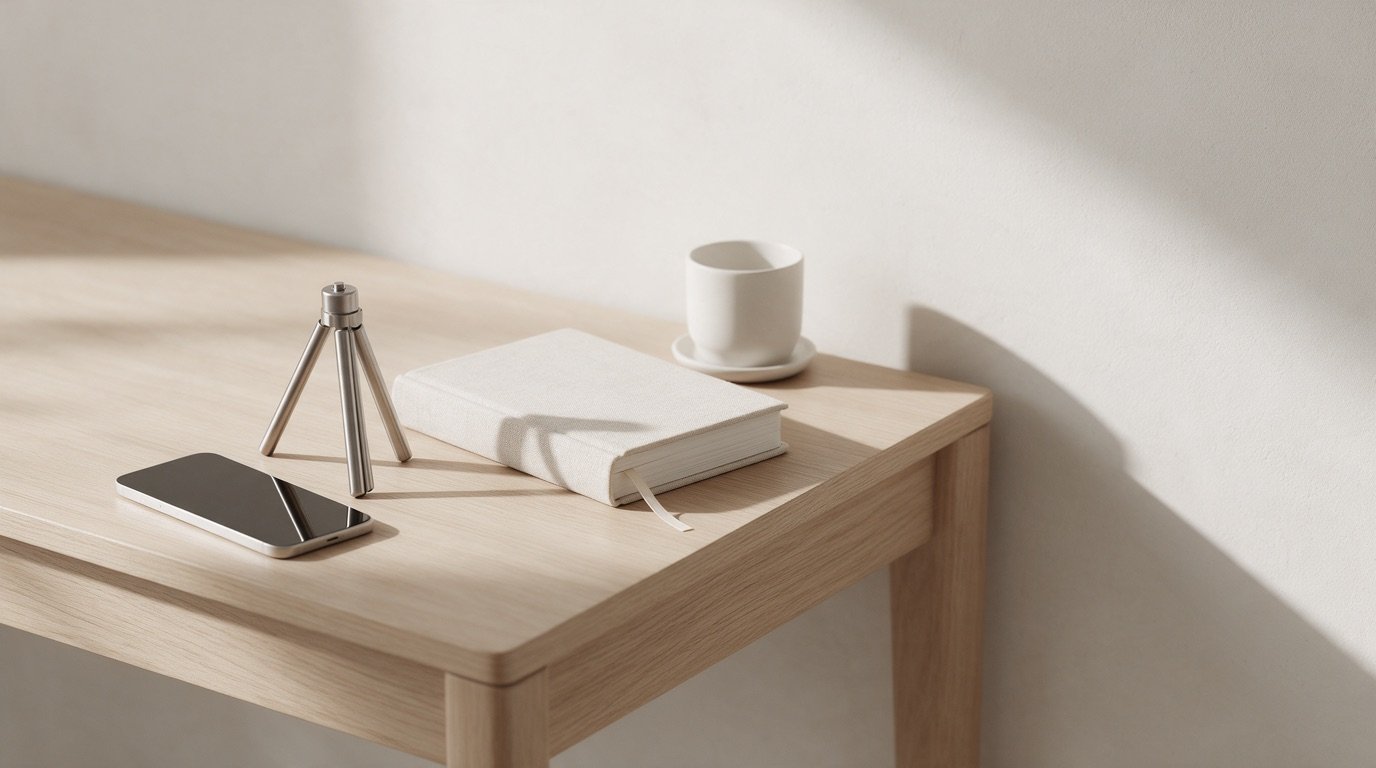 Celular com a tela apagada ao lado de um tripé de mesa em aço escovado e um caderno de linho, sobre mesa de madeira clara