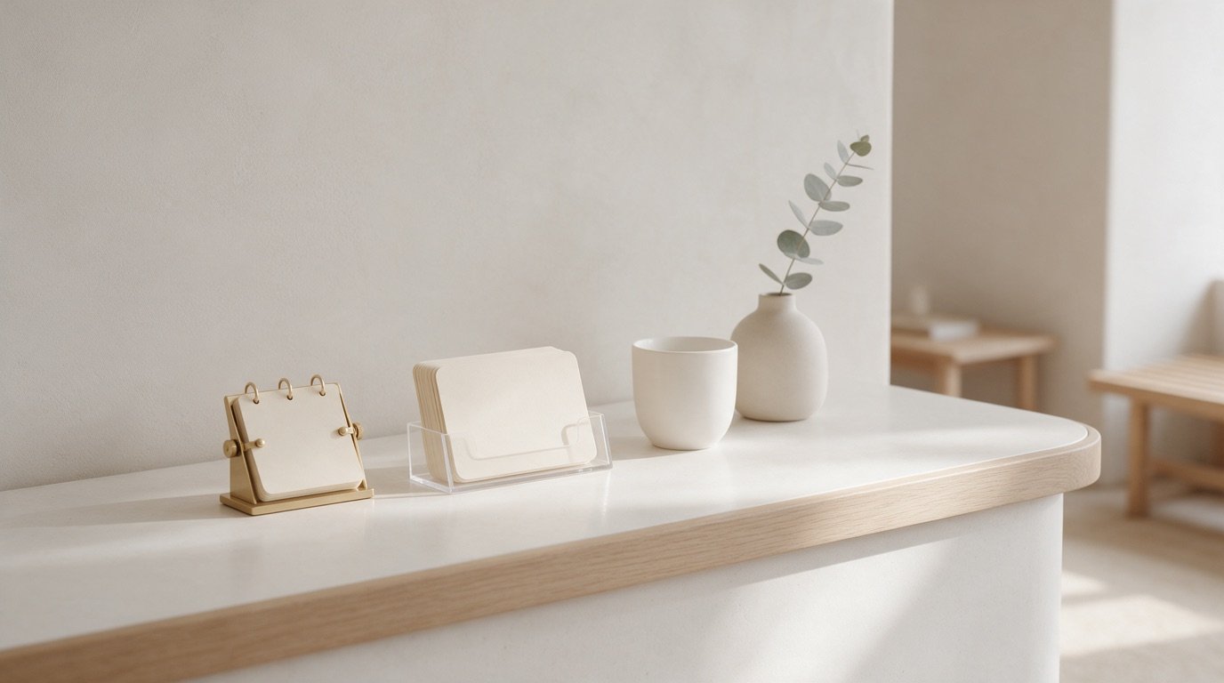 Balcão de recepção de clínica com calendário de mesa, cartões de retorno em suporte acrílico e um vaso com eucalipto
